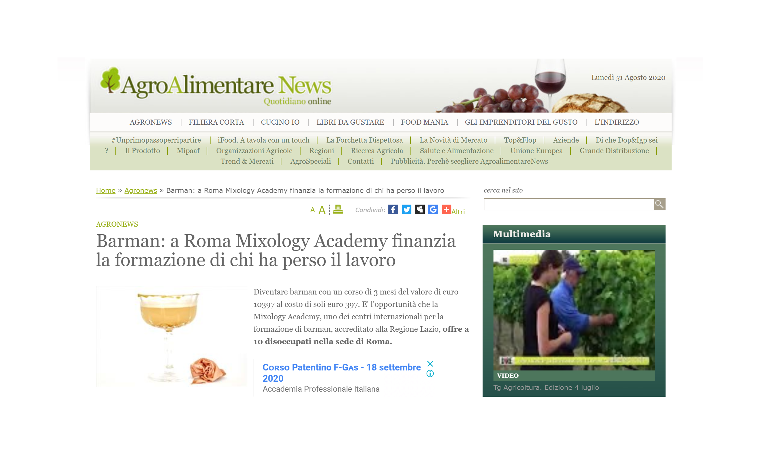 Agroalimentarenews su Mixology Academy