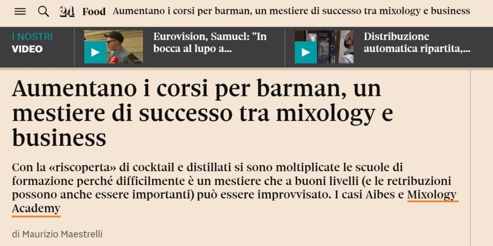 Il Sole 24 Ore parla di MIXOLOGY Academy