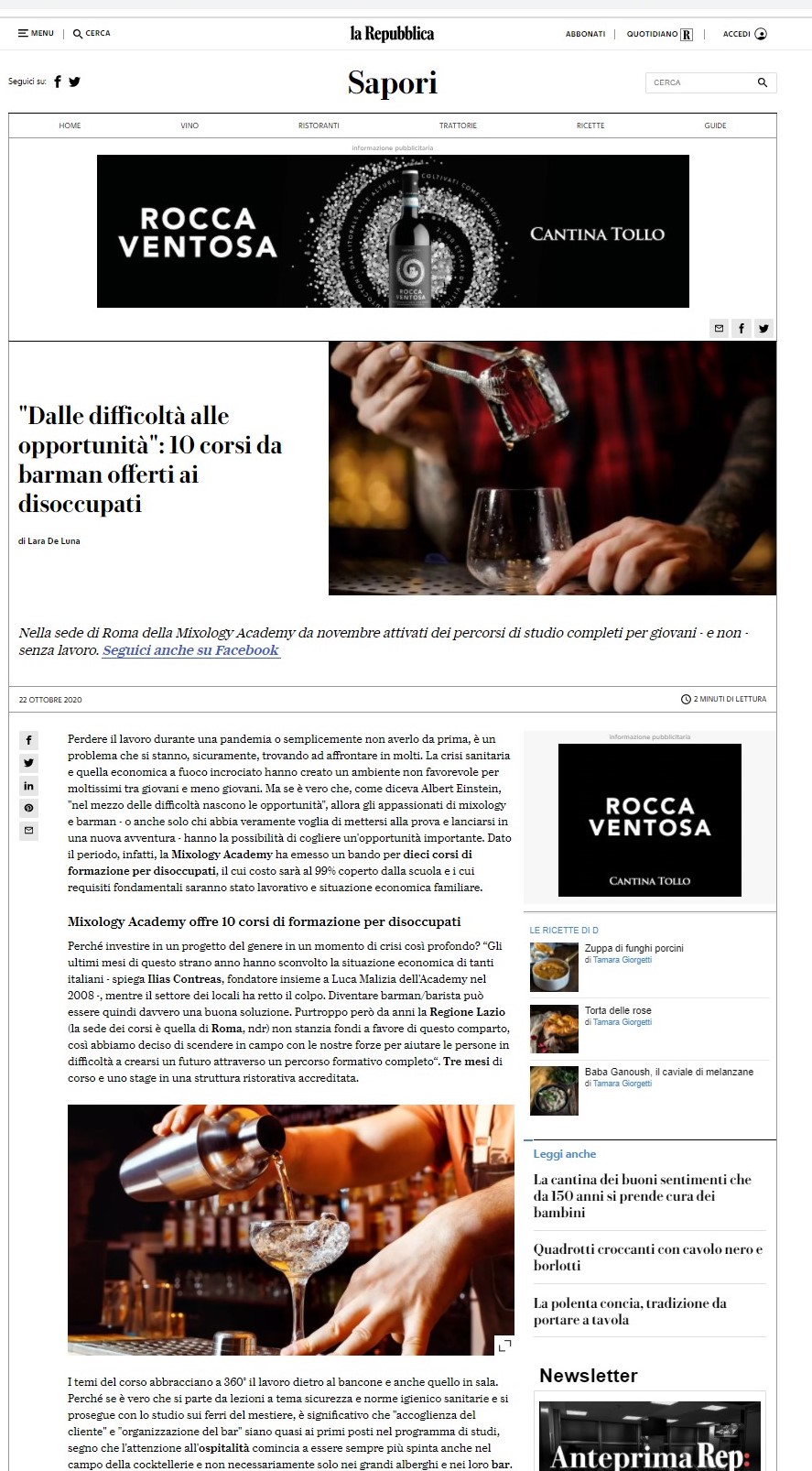 Repubblica parla di MIXOLOGY Academy